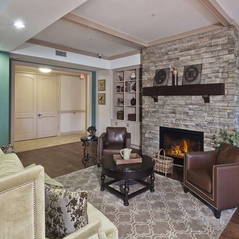 Communal fireplace with stone accents and comfortable seating at The Retreat at Renaissance in Charlotte, North Carolina