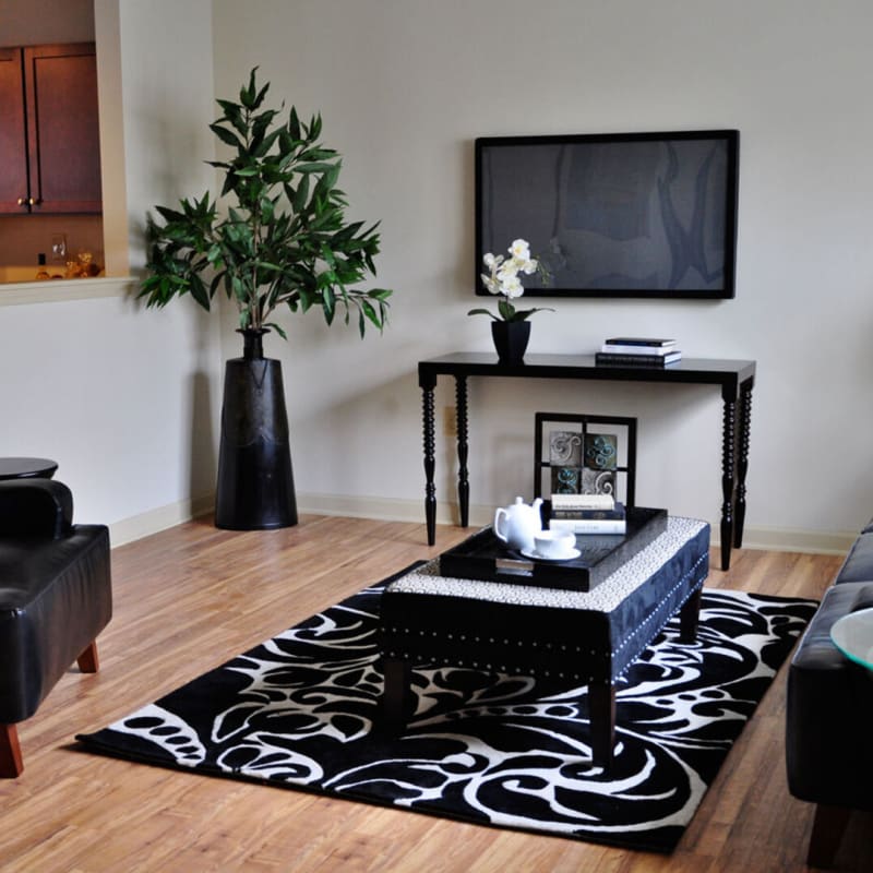 Well decorated model living space with dark accents at The Residences at Renaissance in Charlotte, North Carolina