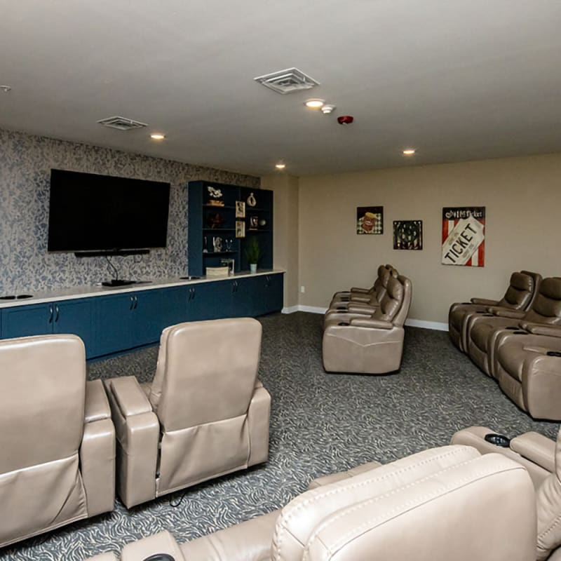 Movie theater room with leather armchairs at The Views at Lake Havasu in Lake Havasu City, Arizona