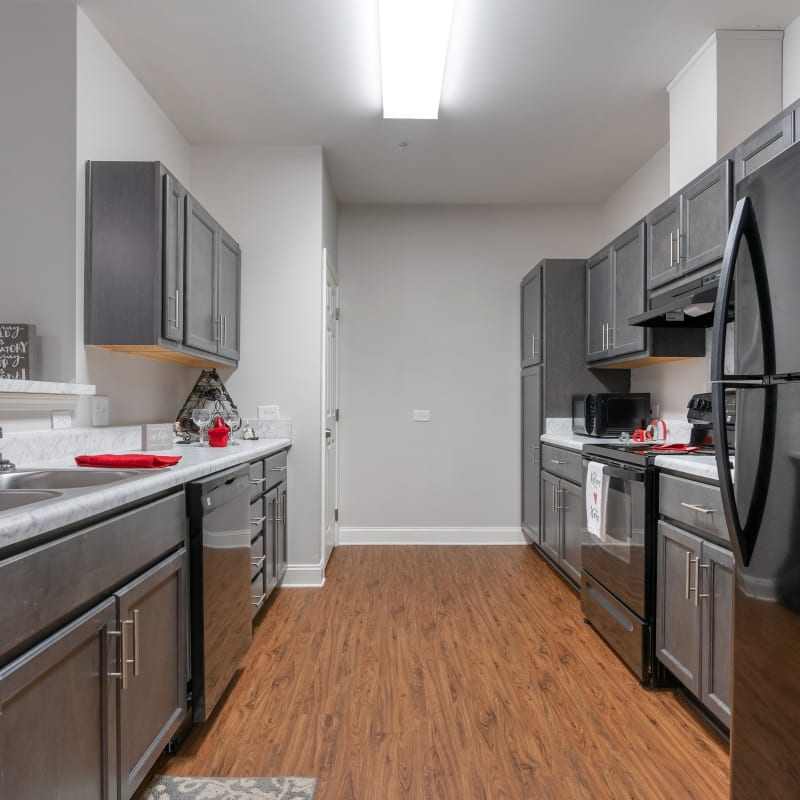 Kitchen with appliances and cabinets at Indigo Ridge in New Bern, North Carolina