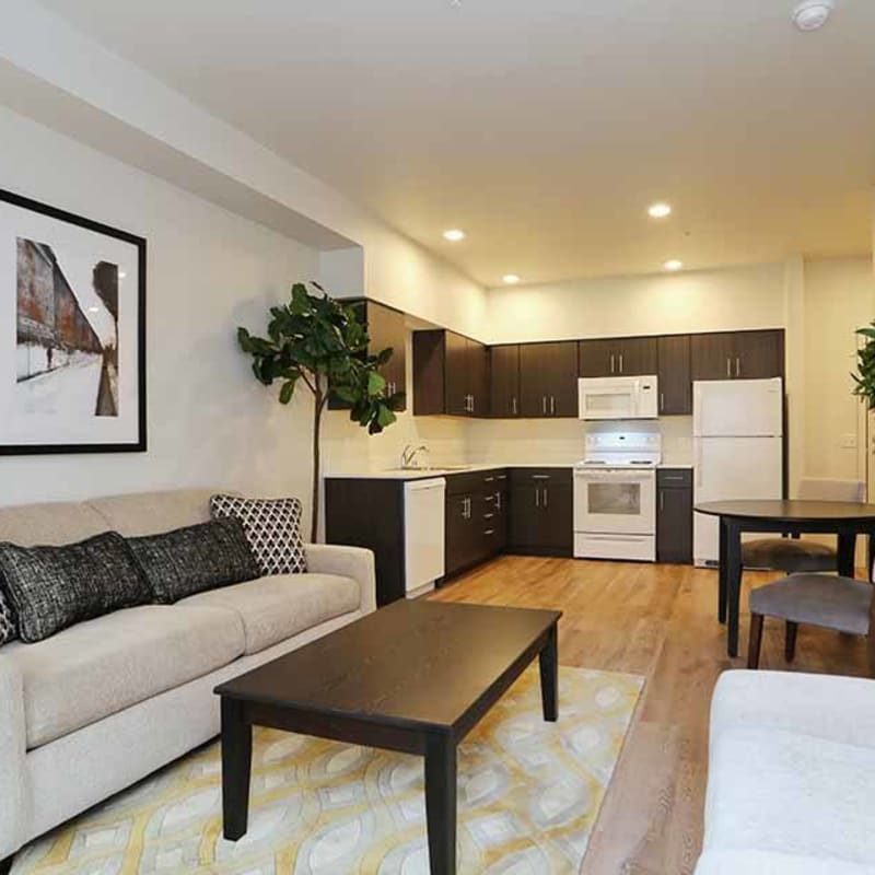 Furnished model living room at Cedar Pointe in Arlington, Washington
