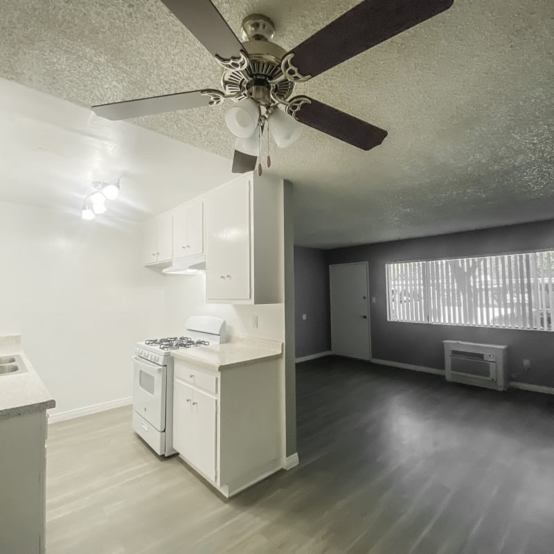 Model apartment with ceiling fan at Golden Oaks in Riverside, California