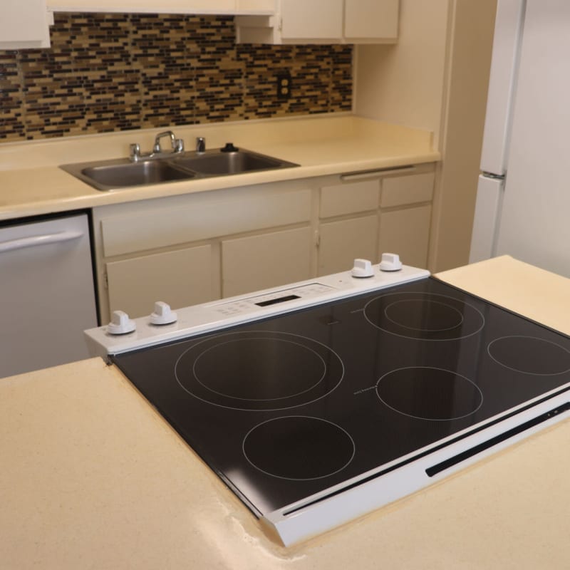 Kitchen with electric cooktop at Gramercy Apartments in San Diego, California