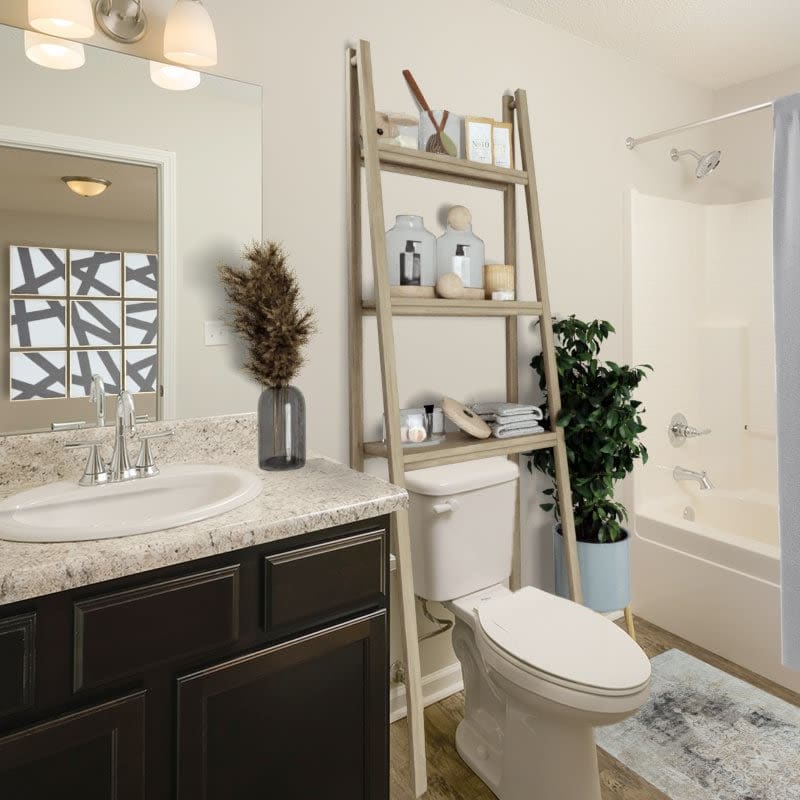 A decorated apartment bathroom at Ivy Terrace in Chattanooga, Tennessee