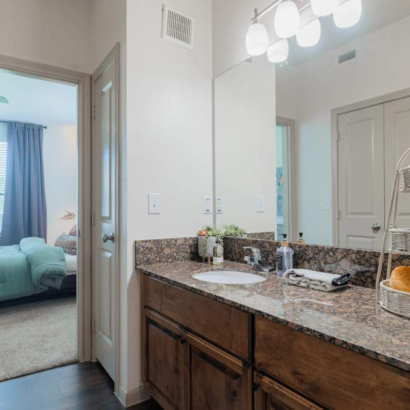 Apartment bathroom at The Pines at Woodcreek in Humble, Texas