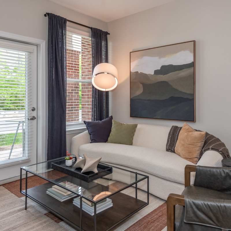 Spacious model apartment with comfy furniture and natural light at Attain at Towne Centre, Fredericksburg, Virginia 