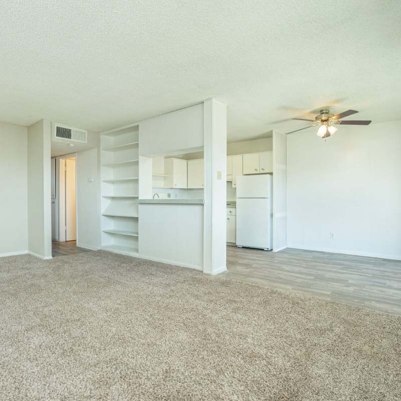 View of the kitchen from the living room at Gold Talon in Universal City, Texas