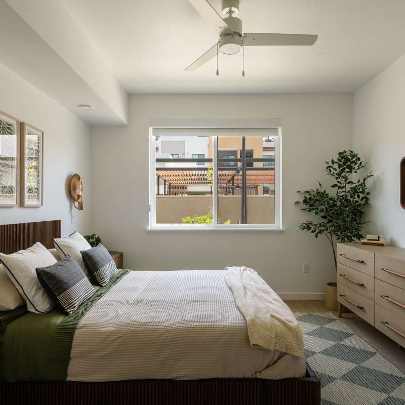 Model apartment bedroom at Sutter Green in Sacramento, CA