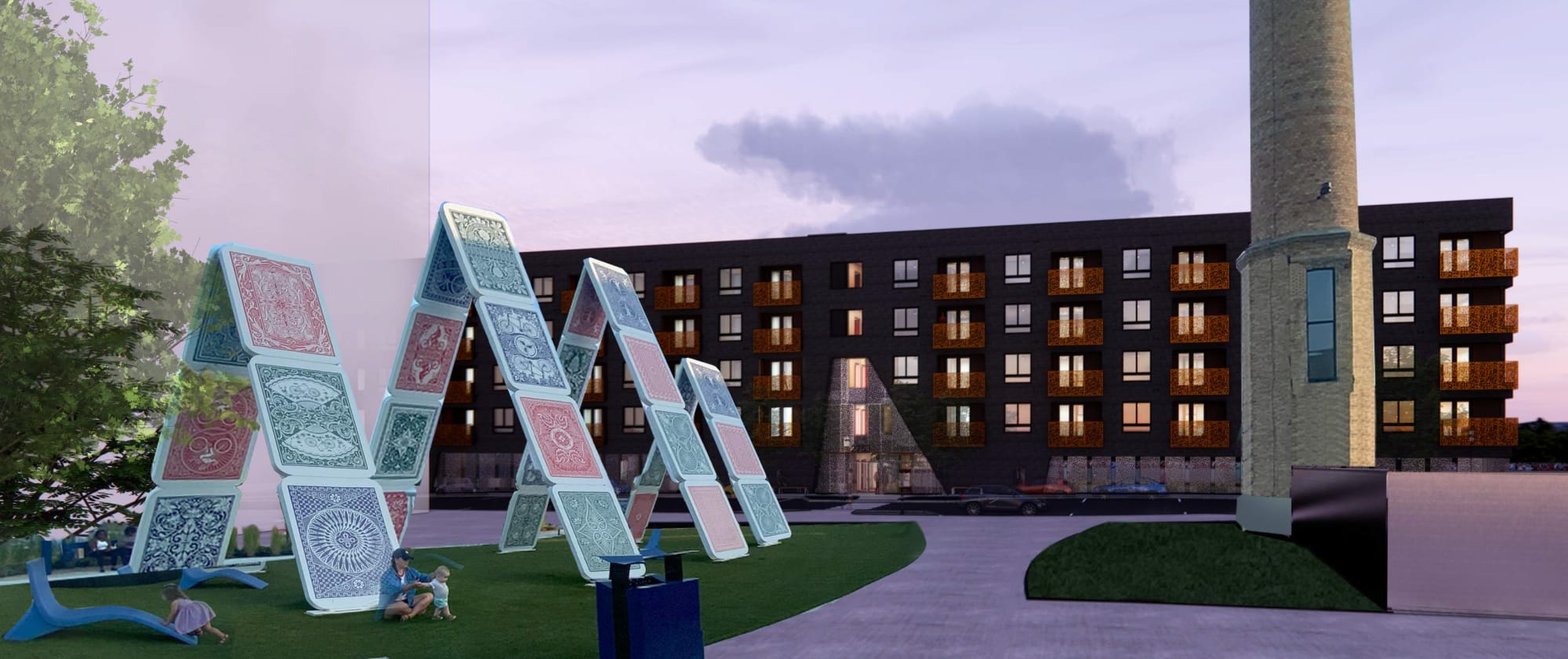 Playing card sculptures outside at Factory 52 Apartments in Norwood, Ohio