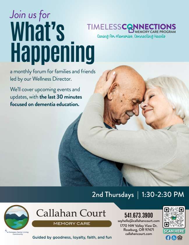 February flier for Compass Senior Living Callahan Court Memory Care Roseburg OR