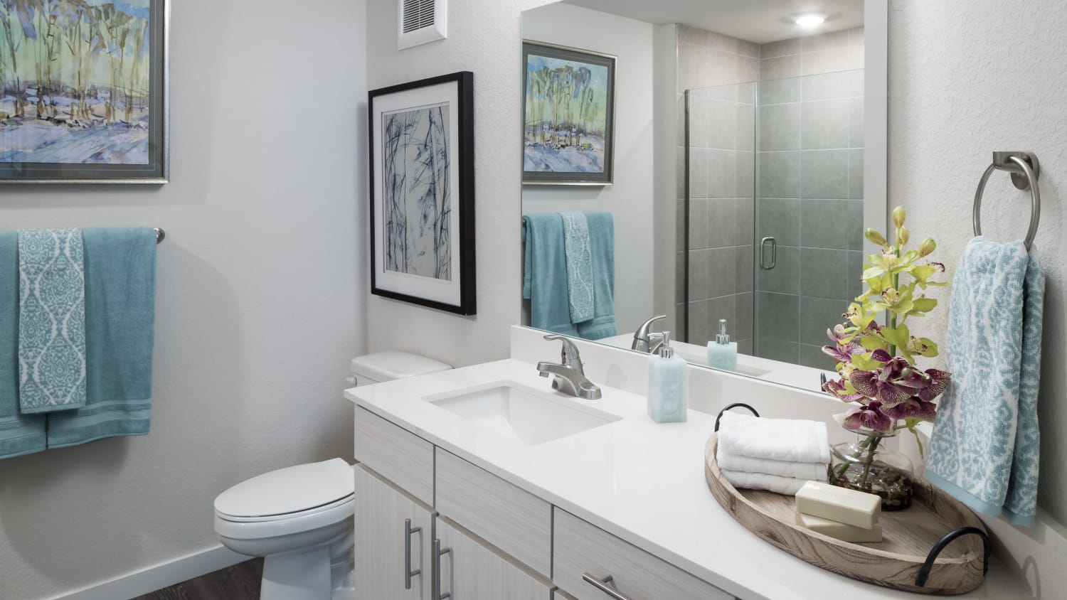 Resident bathroom at our active senior living apartments in Lakewood, CO. 