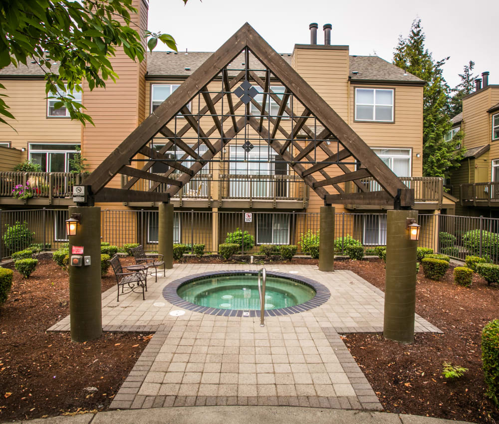 Stunning hot tub area at The Colonnade Luxury Townhome Rentals in Hillsboro, Oregon