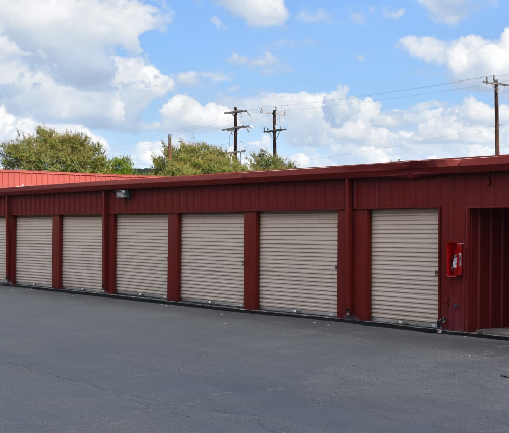 Row of outdoor storage units at AAA Alliance Self Storage in San Antonio, Texas