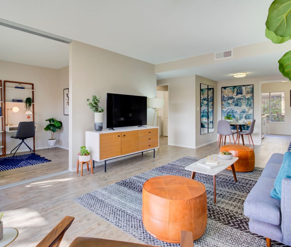 Partial view of the kitchen from a model home's dining area at Sofi Thousand Oaks in Thousand Oaks, California