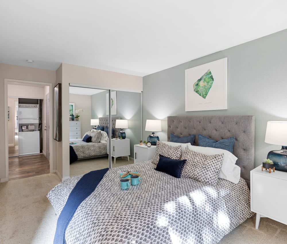 Model home's primary bedroom with an accent wall and laundry room down the hall at Sofi at Somerset in Bellevue, Washington