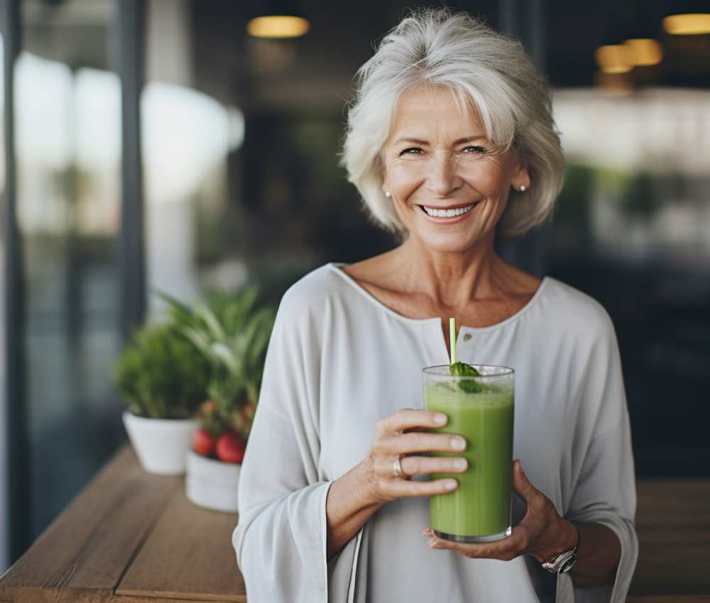 A resident having a healthy drink at The Village of Southampton in Houston, Texas