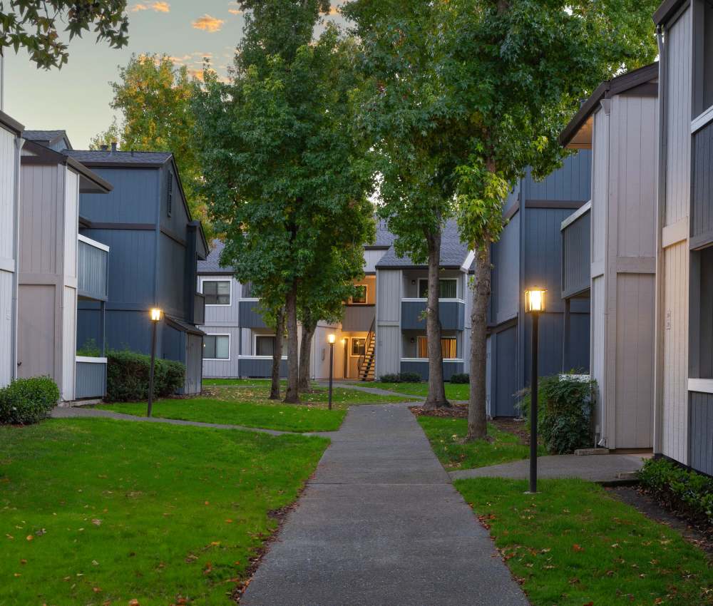 A walkway at Park Ridge Apartment Homes in Rohnert Park, California