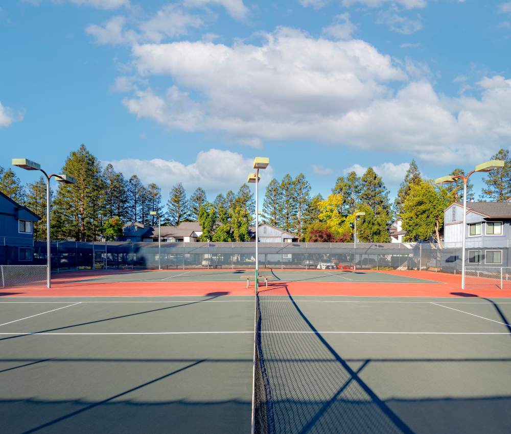 A tennis court with trees in the background at Park Ridge Apartment Homes in Rohnert Park, California