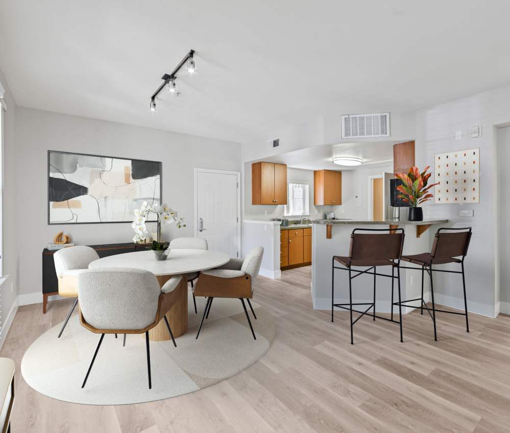 Open-concept living area in a model apartment home at The Kensington in Pleasanton, California