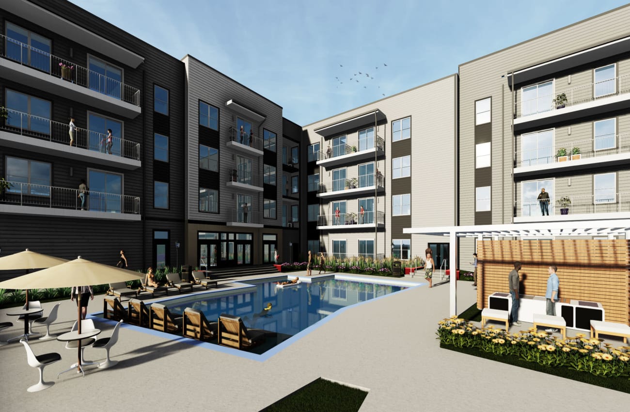 Rendering of the swimming pool area with residents enjoying the day at The Enzo at Ariston in Buford, Georgia