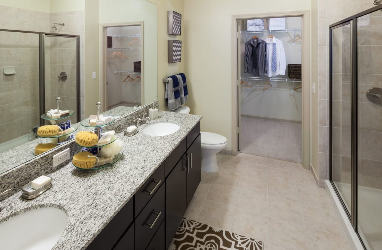 Bathroom with double vanity at Amelia Westshore in Tampa, Florida