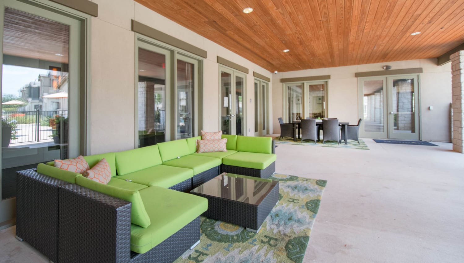 Covered outdoor lounge area at Carrington Oaks in Buda, Texas