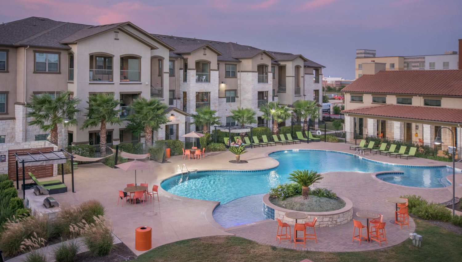 Early morning view of the pool area at Carrington Oaks in Buda, Texas