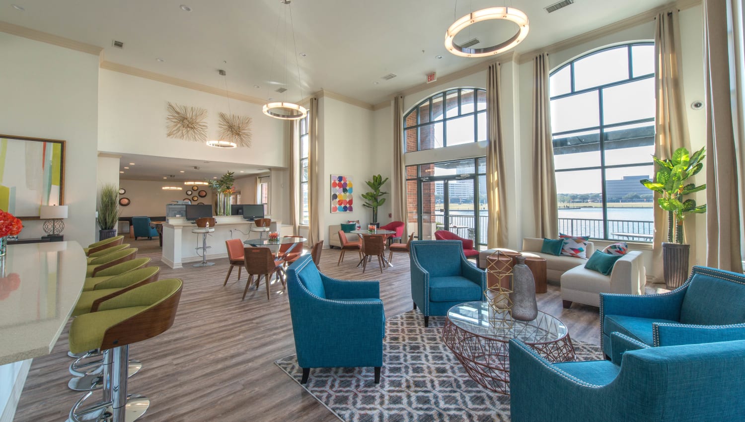 Luxurious resident clubhouse lounge at Olympus Las Colinas in Irving, Texas