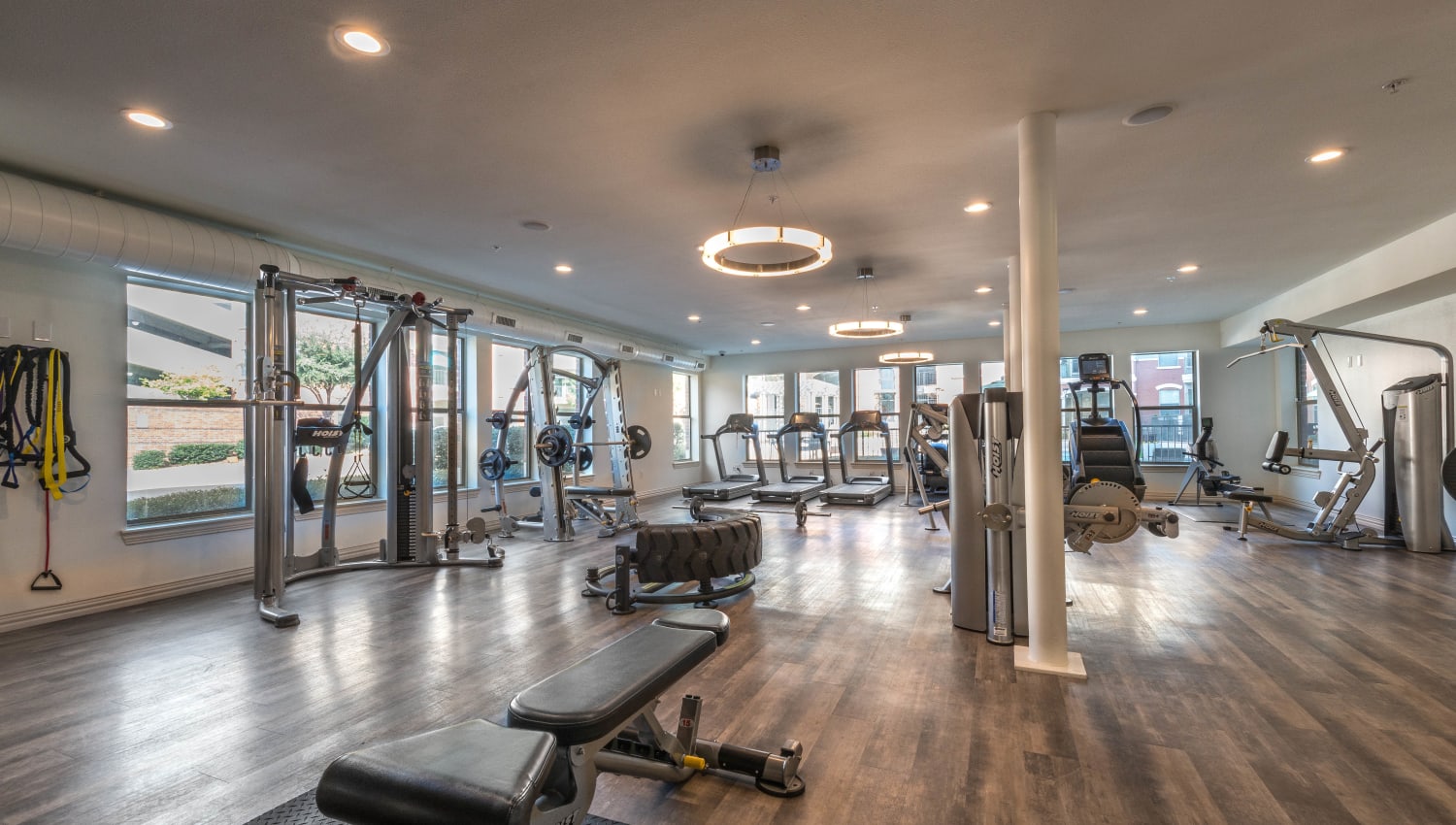 Very well-equipped fitness center at Olympus Las Colinas in Irving, Texas