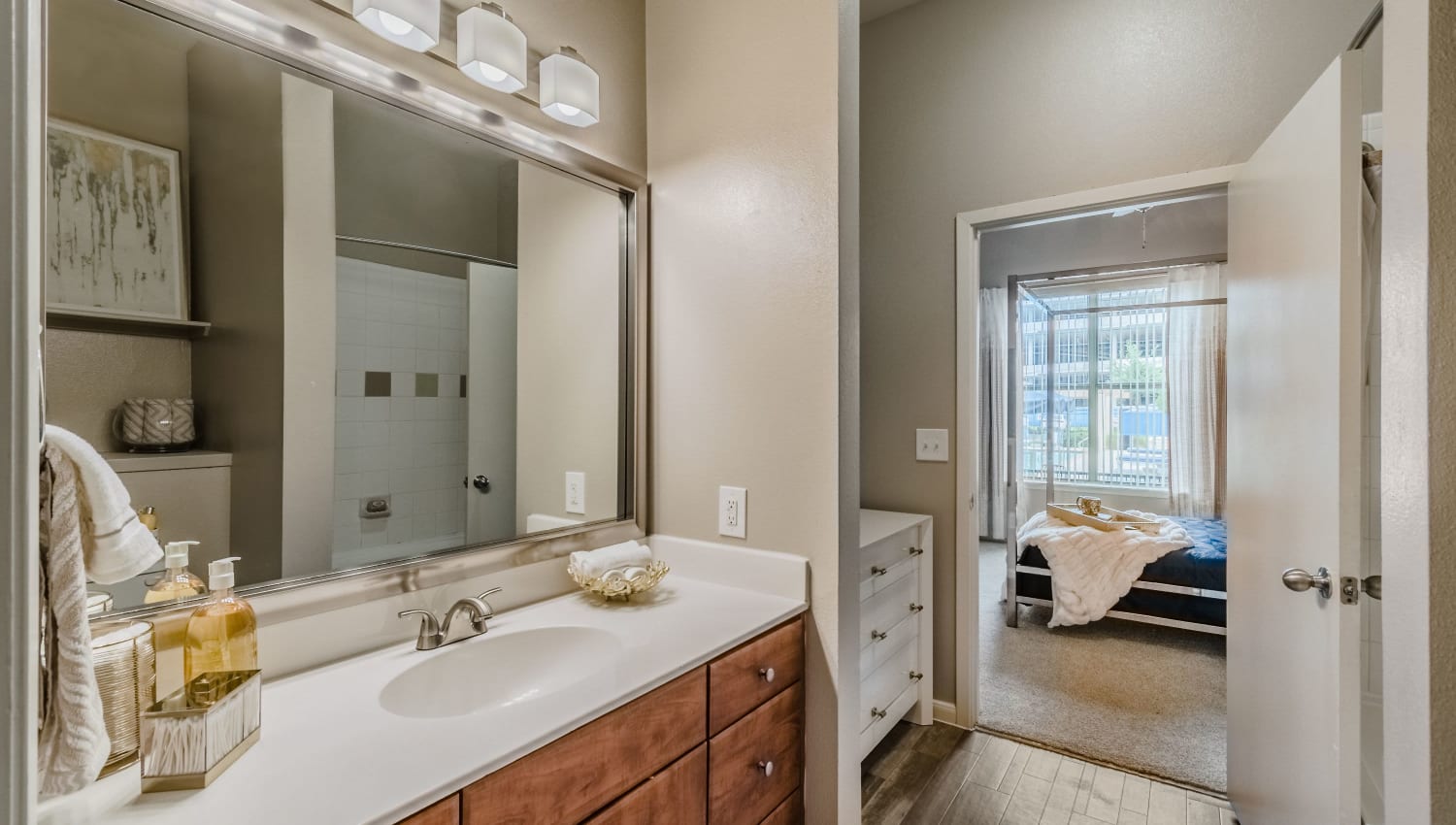 Spacious and elegant bathroom at Olympus Boulevard in Frisco, Texas