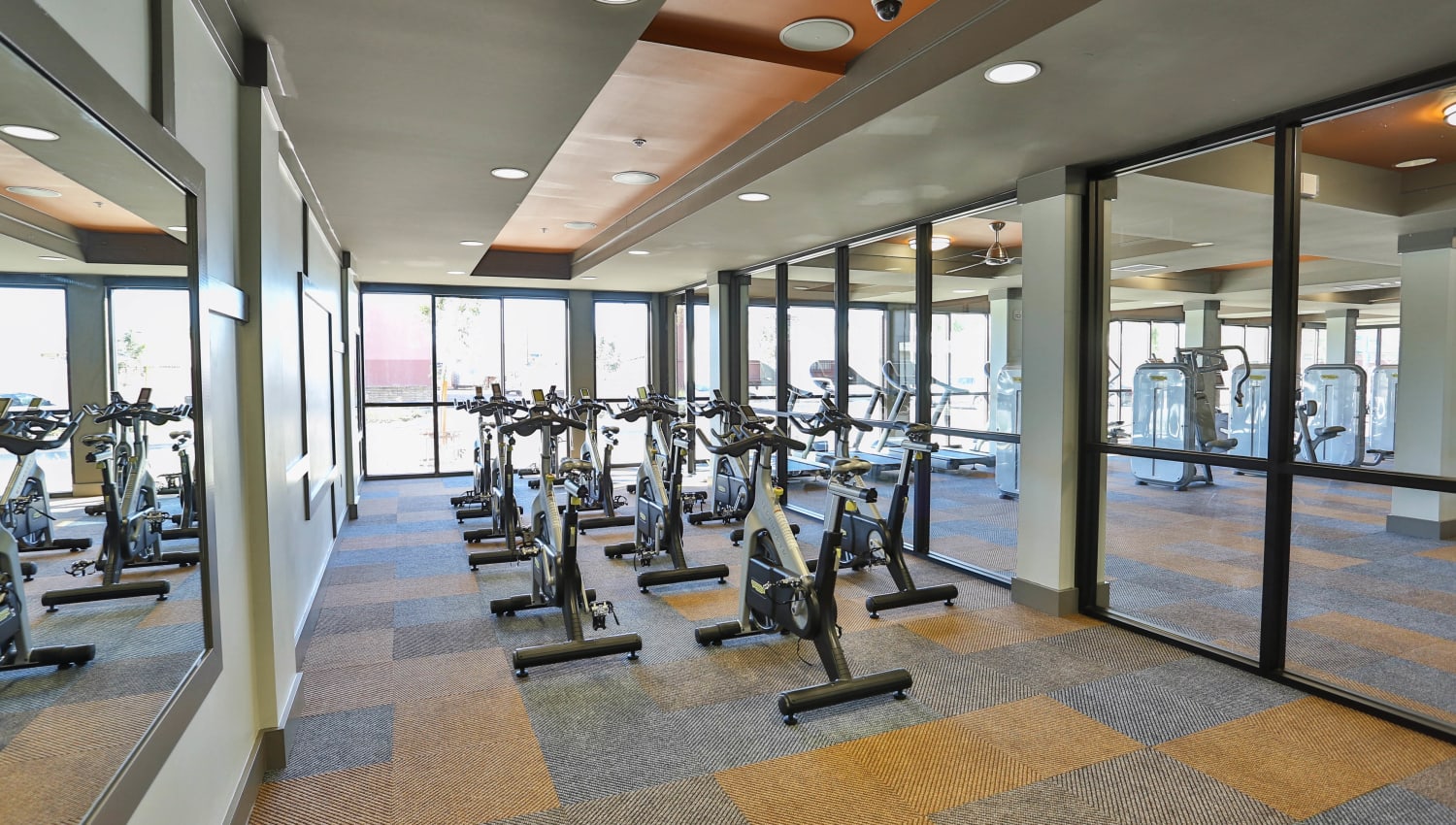 Spin bikes in the fitness center at Olympus Steelyard in Chandler, Arizona