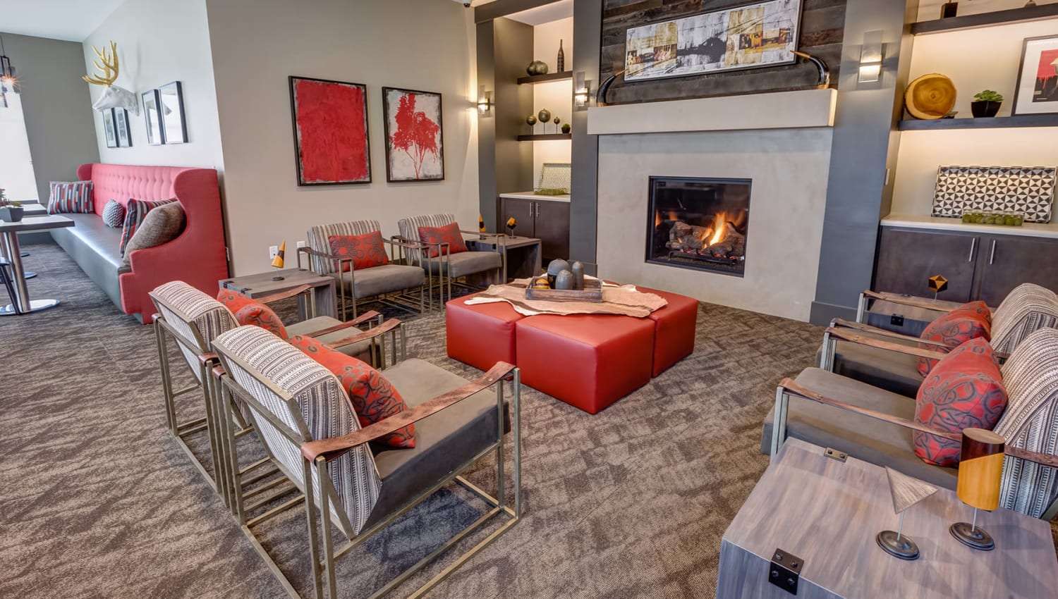 Lounge area in front of the fireplace in the clubhouse at Granite 550 in Casper, Wyoming