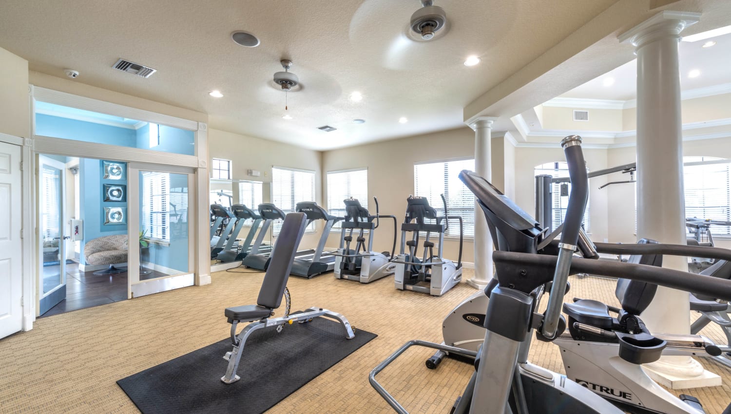 Plenty of equipment for everyone in the fitness center at Mirador & Stovall at River City in Jacksonville, Florida