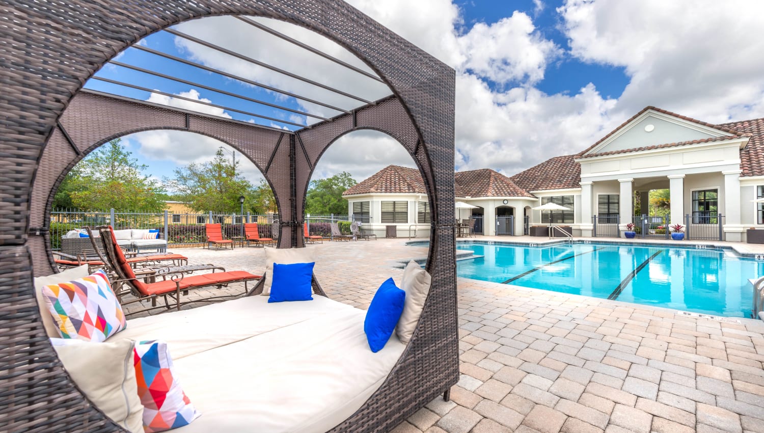 Private cabanas near the pool at Mirador & Stovall at River City in Jacksonville, Florida