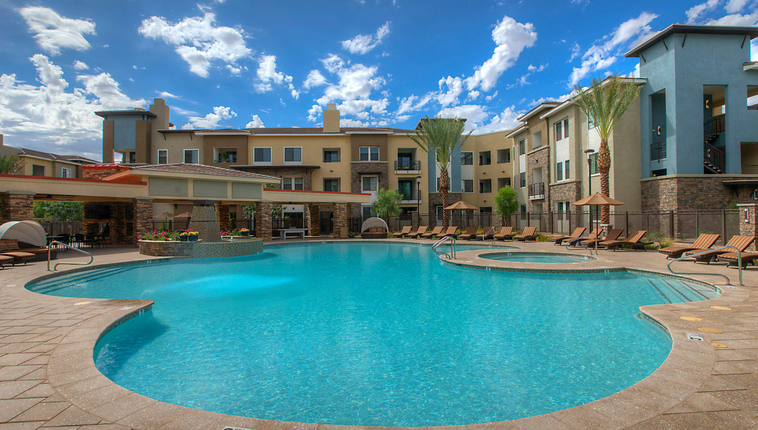 Beautiful swimming pool on a gorgeous day at Vistara at SanTan Village in Gilbert, Arizona