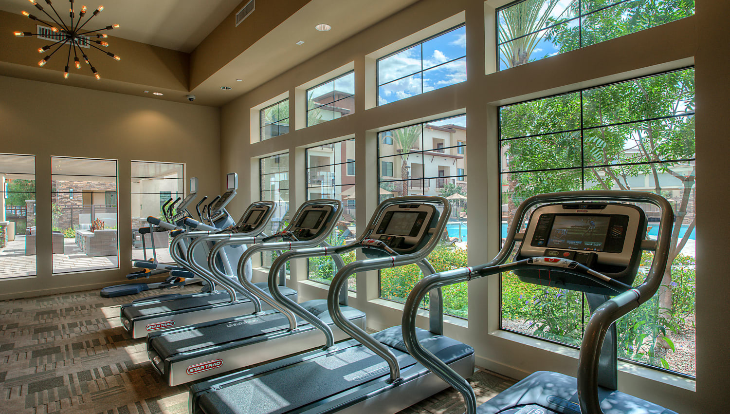 Plenty of cardio machines in the fitness center at Vistara at SanTan Village in Gilbert, Arizona