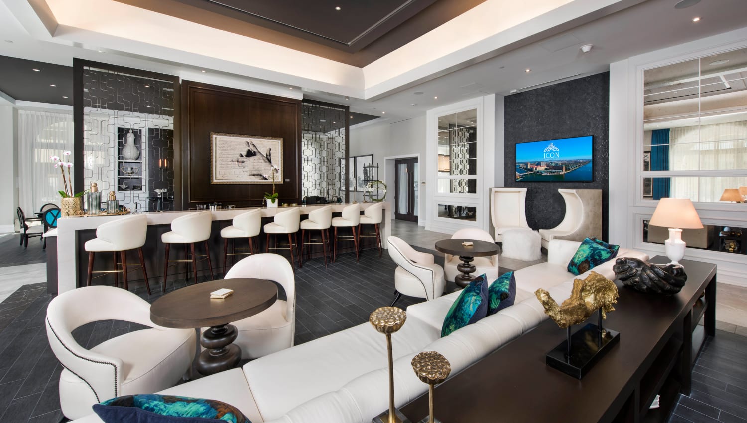 Large luxurious bar in the clubhouse lounge at Olympus Harbour Island in Tampa, Florida
