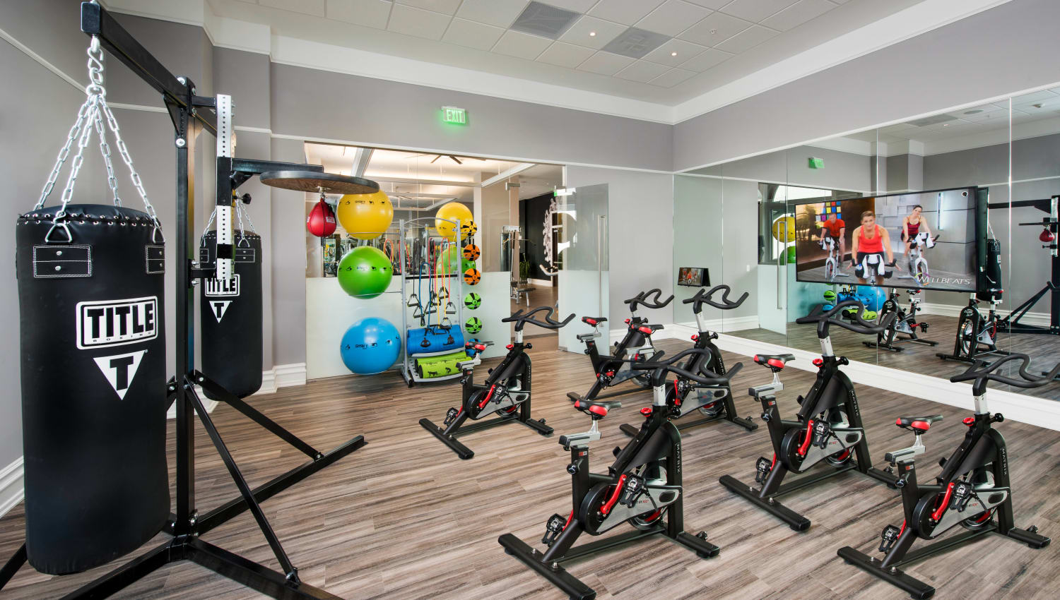 Spin class room in the fitness center at Olympus Harbour Island in Tampa, Florida