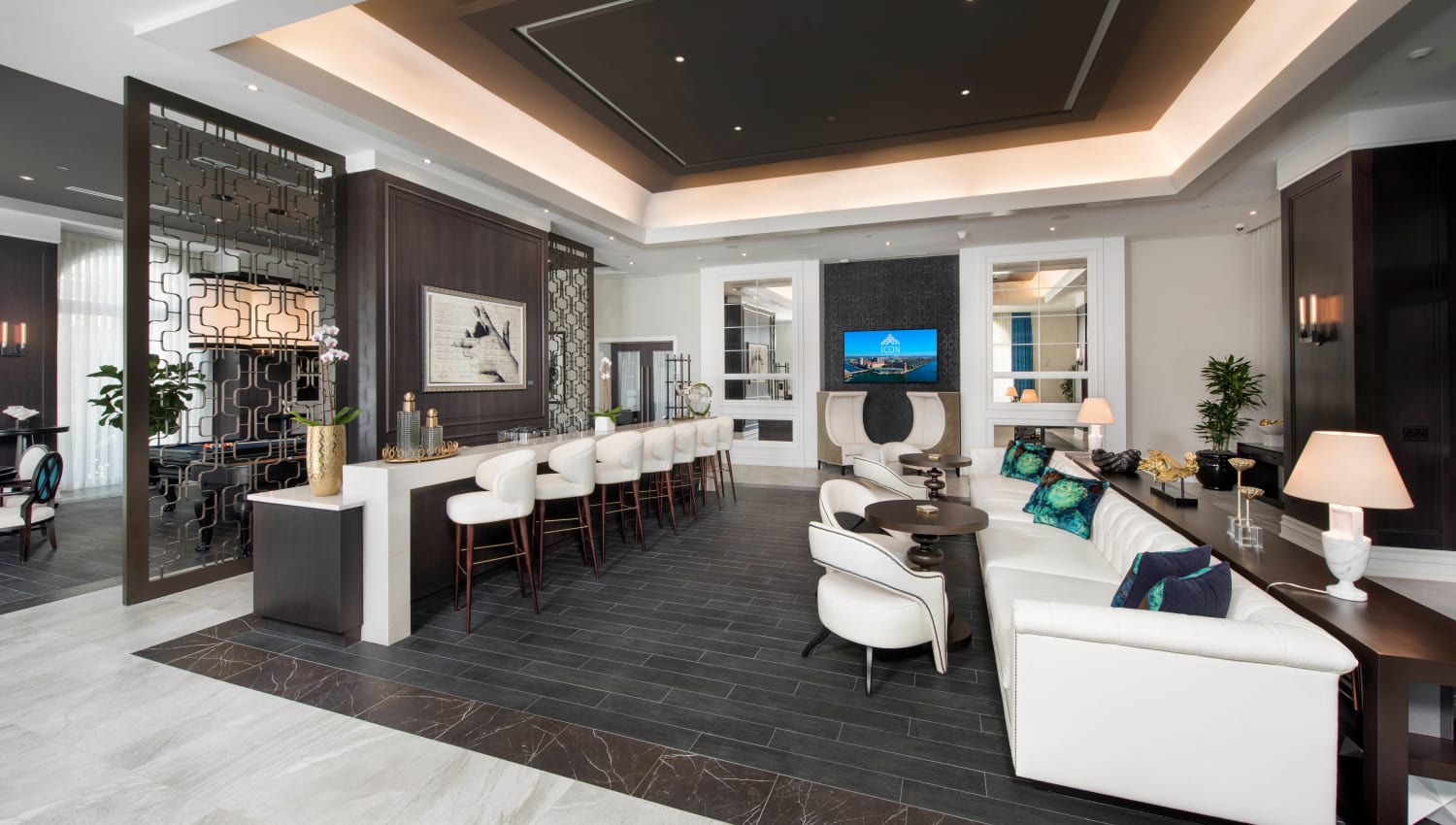 Lavish decor in resident clubhouse lounge at Olympus Harbour Island in Tampa, Florida