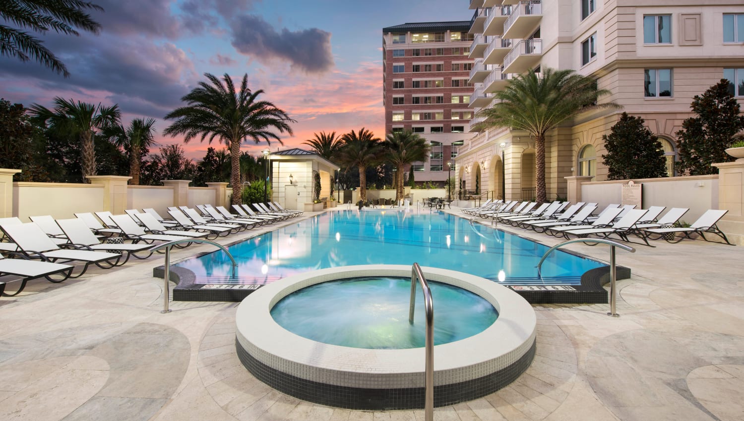 Spa and pool area at twilight at Olympus Harbour Island in Tampa, Florida