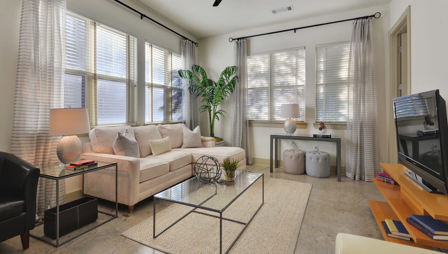 Bright, spacious living room at Optimist Lofts in Atlanta, Georgia