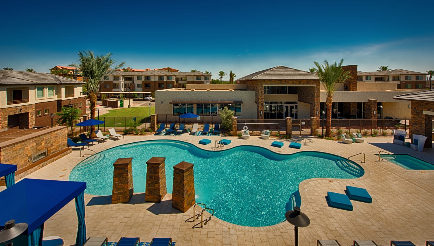 Aerial view of the swimming pool at Ocio Plaza Del Rio in Peoria, Arizona