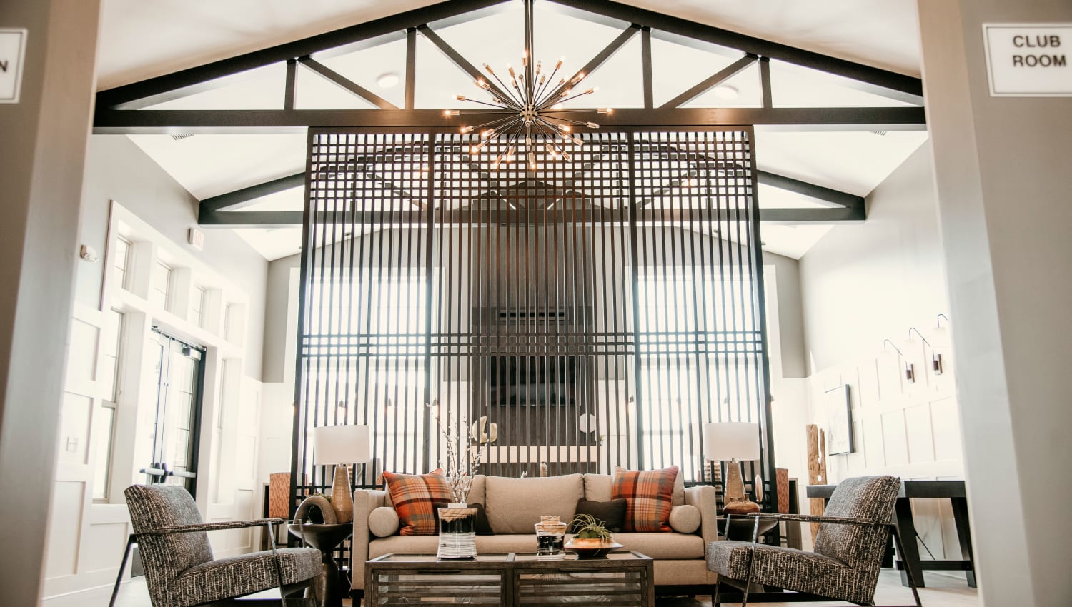 Club room sitting area at The 450 in Lombard, Illinois