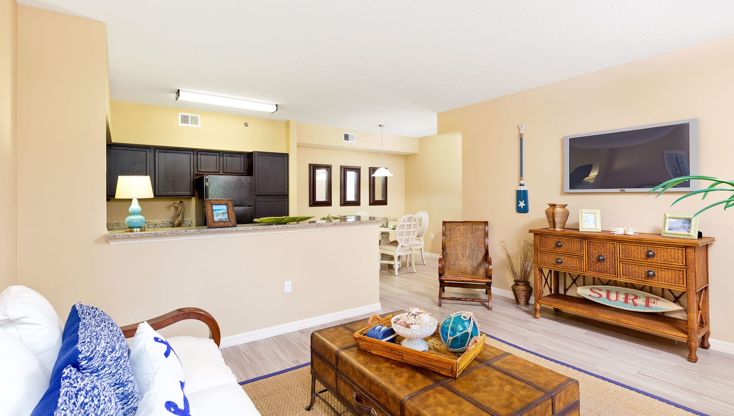 Model living room at Manatee Bay Apartments in Boynton Beach, Florida