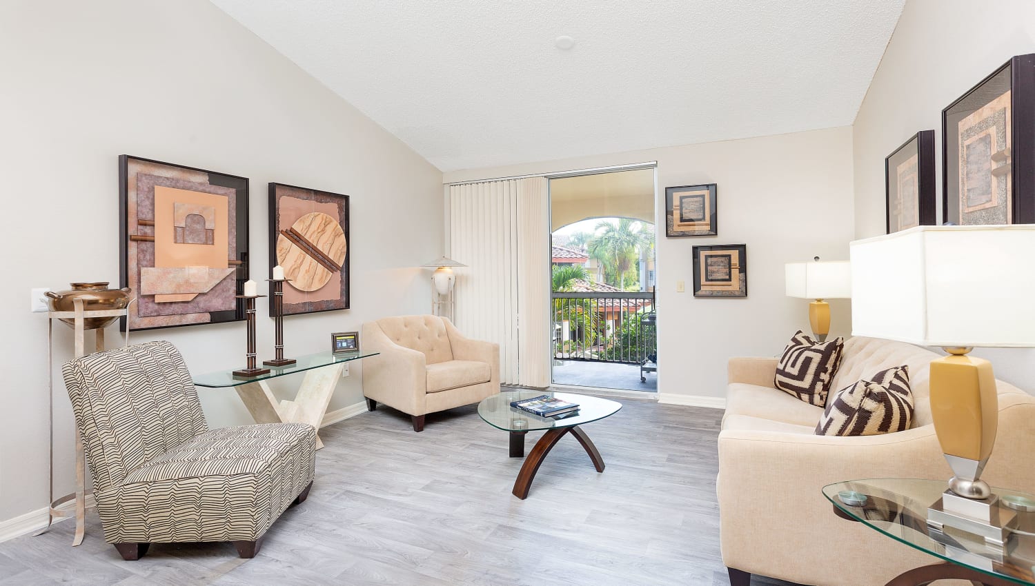 Model living room at Mosaic Apartments in Coral Springs, Florida