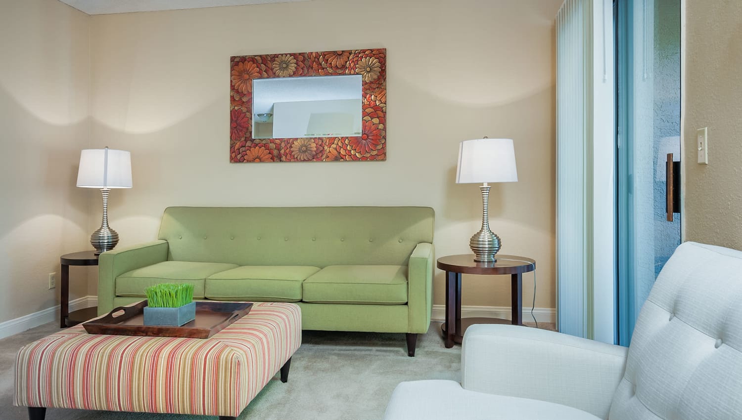 Modern furnishings in a model apartment's living area at Shelter Cove Apartments in Las Vegas, Nevada