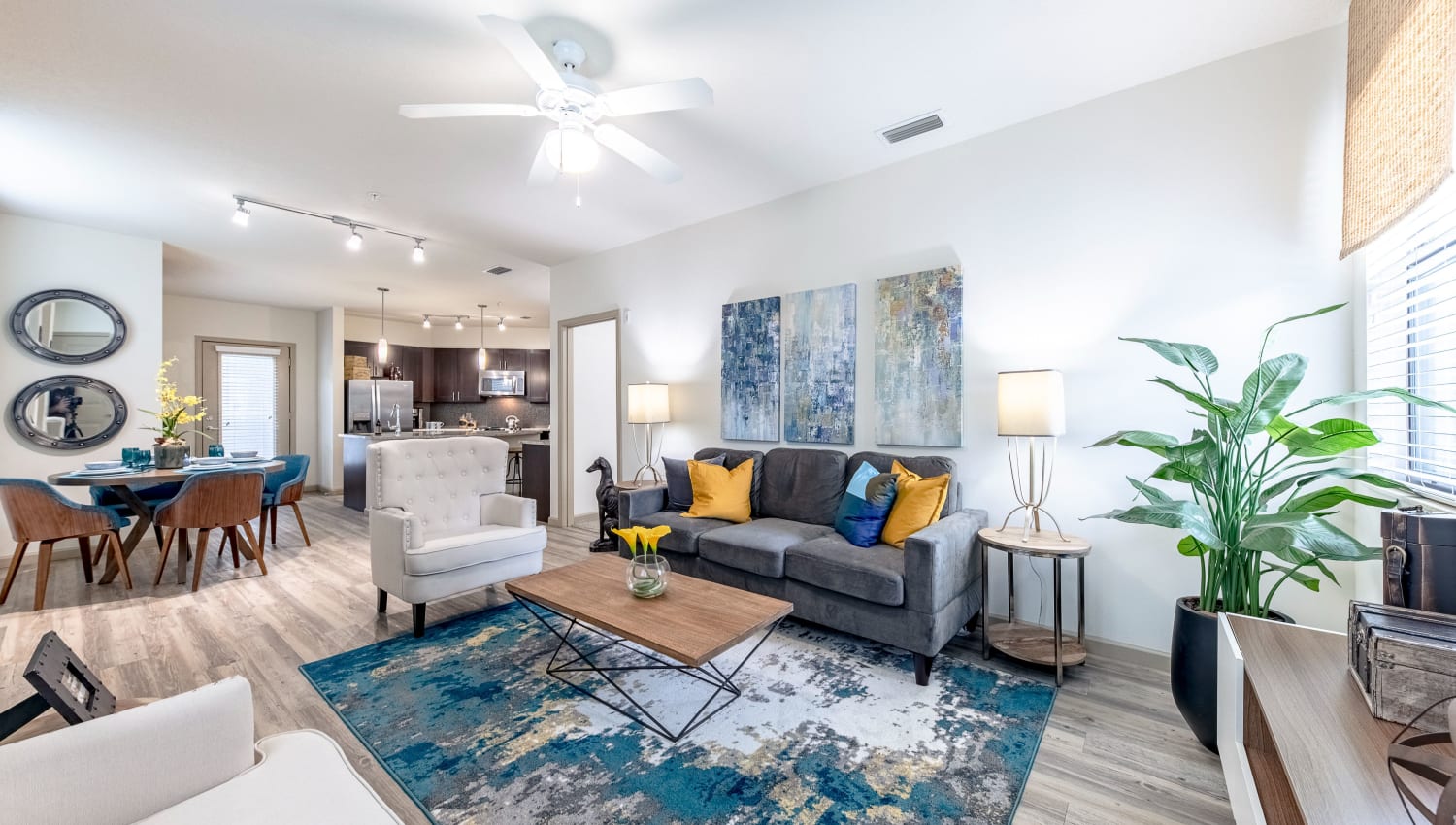 Model living room at The Hamptons at Palm Beach Gardens Apartments in Palm Beach Gardens, Florida