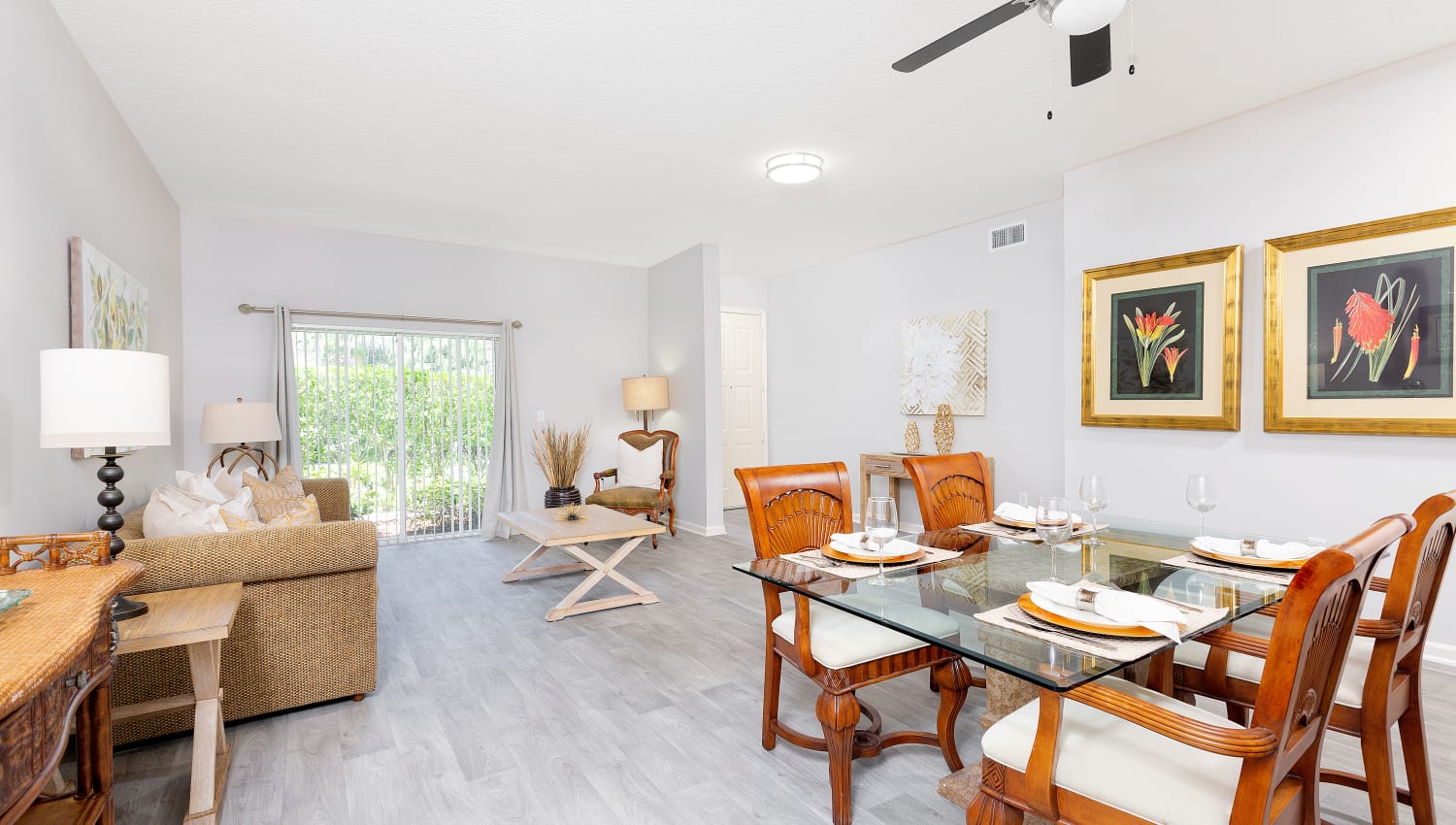 Model living area layout at in apartment at Delray Bay Apartments in Delray Beach, Florida