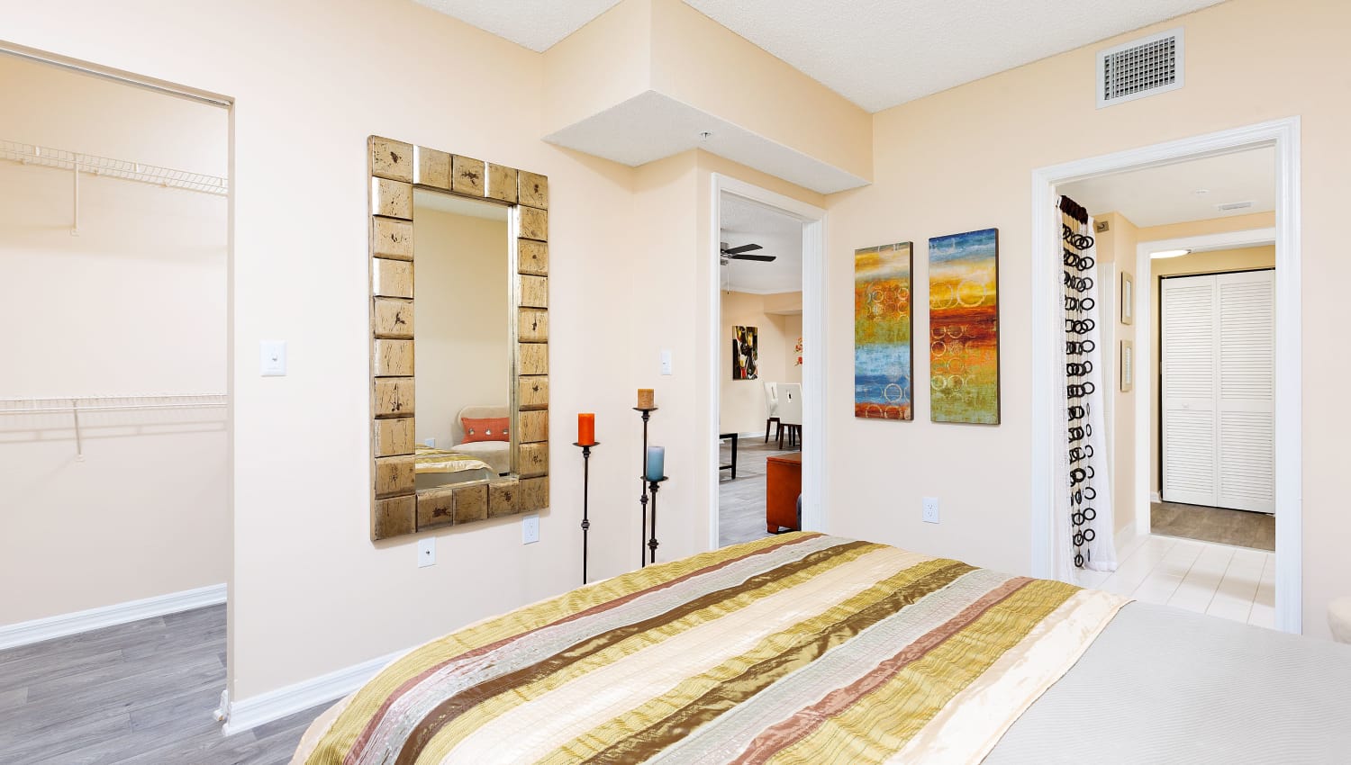 Model bedroom in apartment at Ibis Reserve Apartments in West Palm Beach, Florida