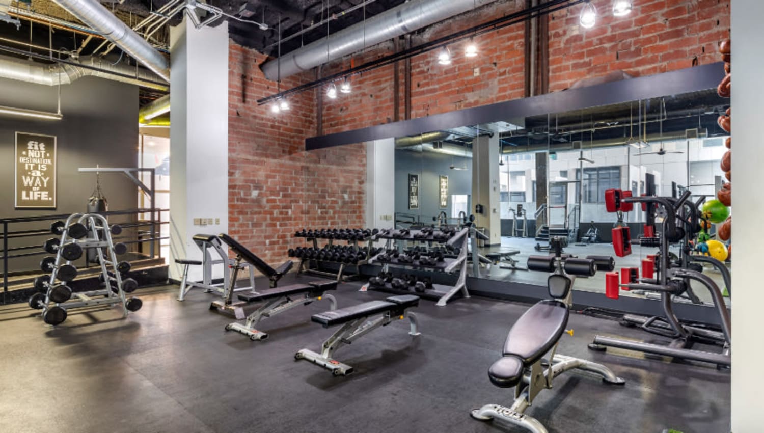 Free weights in the fitness center at Mosaic Dallas in Dallas, Texas